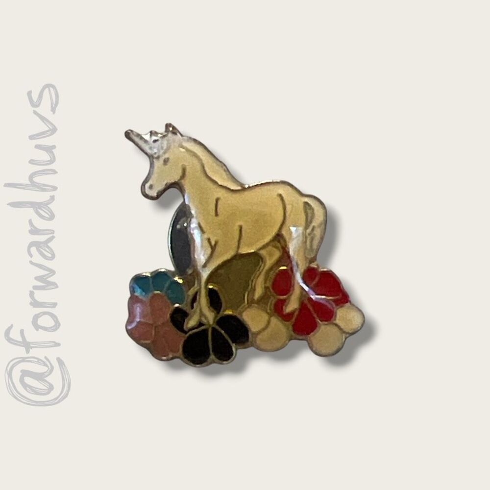 Vintage Enamel Unicorn Pin – Multicolor Floral Base – Butterfly Clasp